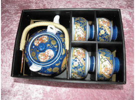 Tesæt, indigo blue håndmalet, kande + 4 krus